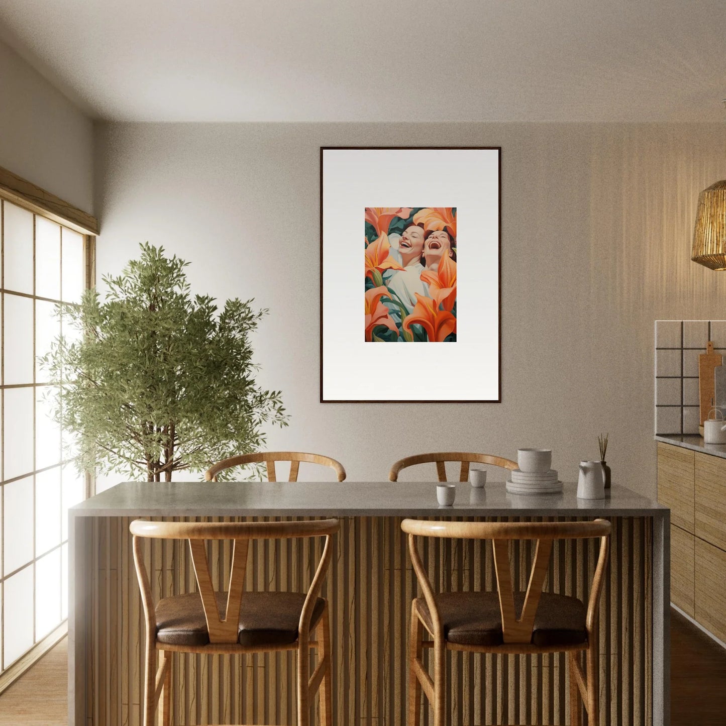 Cozy dining area featuring stylish table, chairs, and vibrant wall art