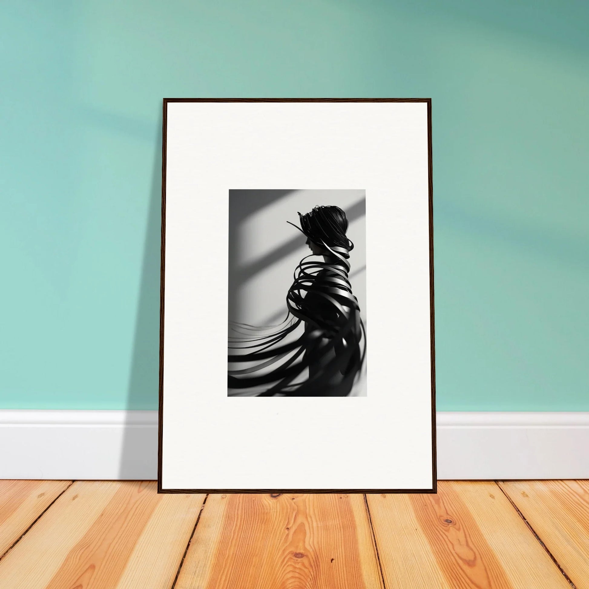 Framed black and white canvas print of a person’s back, perfect for ribbon shares room decoration