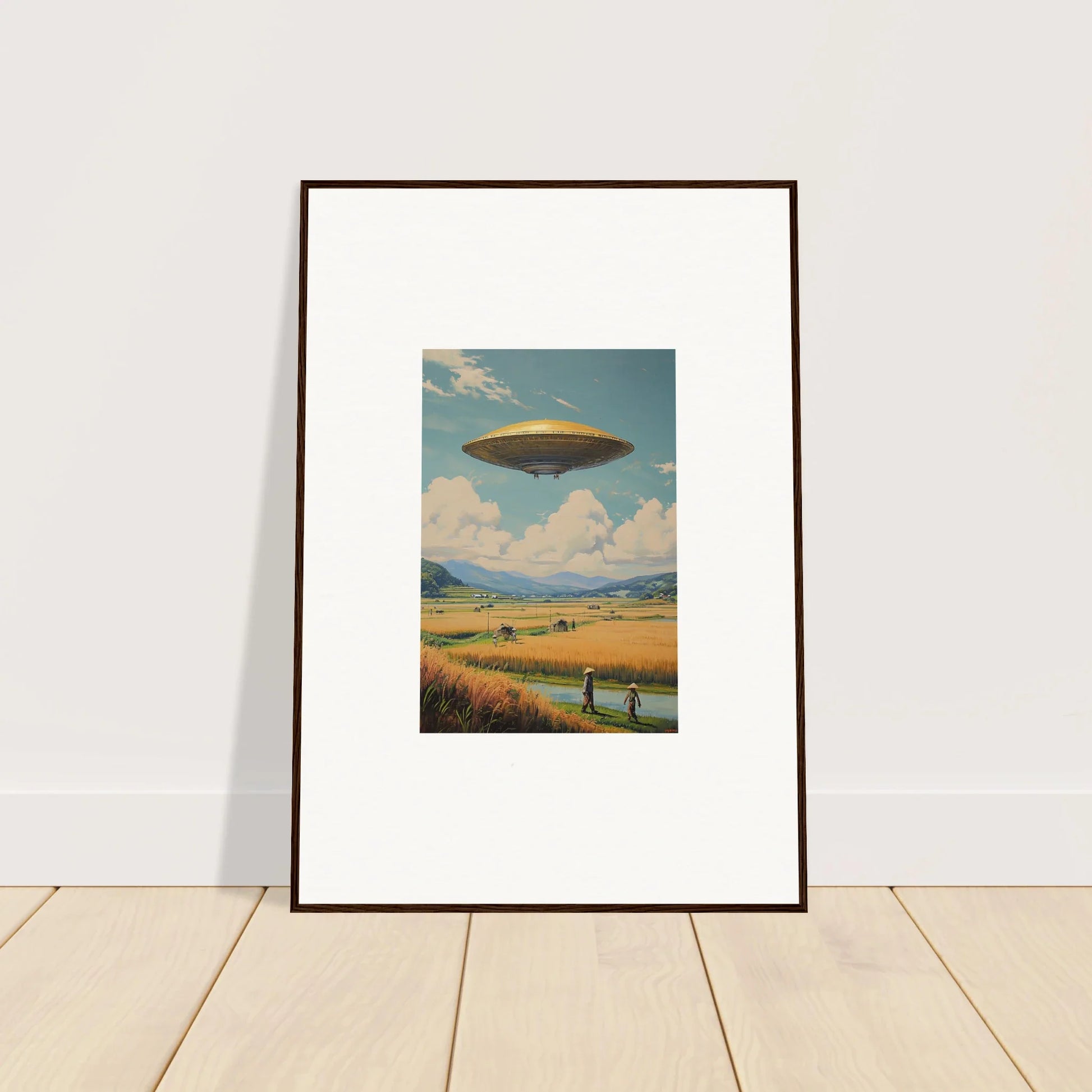 Framed canvas print with a UFO in a rural scene, great for unique room decoration