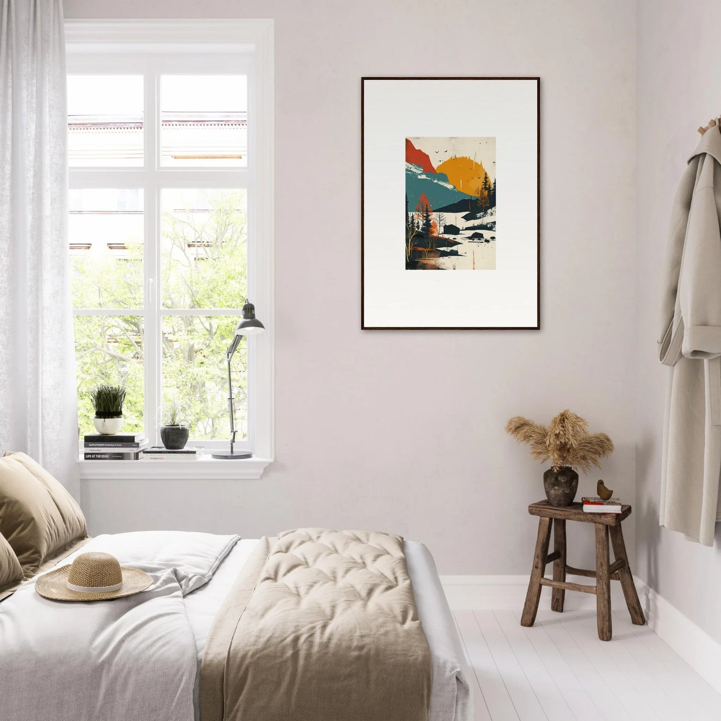 Minimalist bedroom featuring a Trembling Skylines canvas print for stylish room decoration