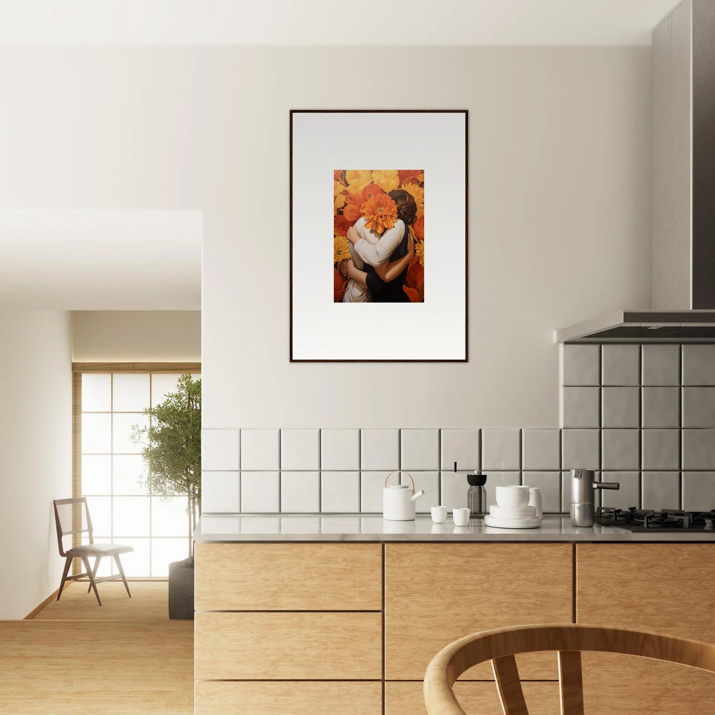 Framed canvas print of Euphoria Embrace showing two figures against an orange background