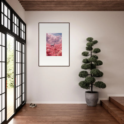 Framed wall art of a pink-hued mountain landscape, perfect for room decoration