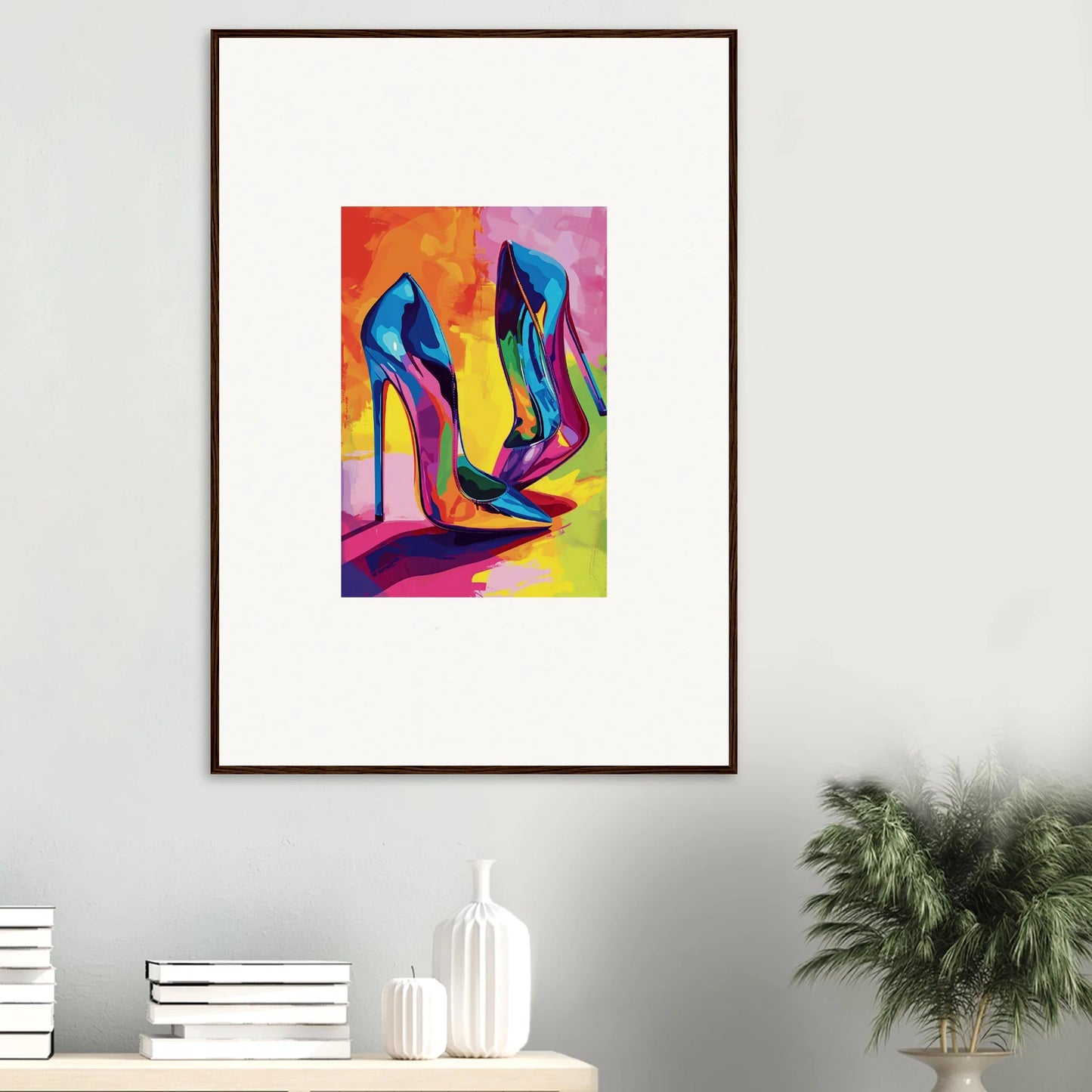 Colorful abstract painting of high-heeled Eclipse Shoes for trendy room decoration