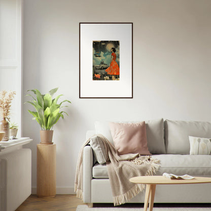 Framed canvas print of a figure in an orange dress for room decoration in Veil Tales