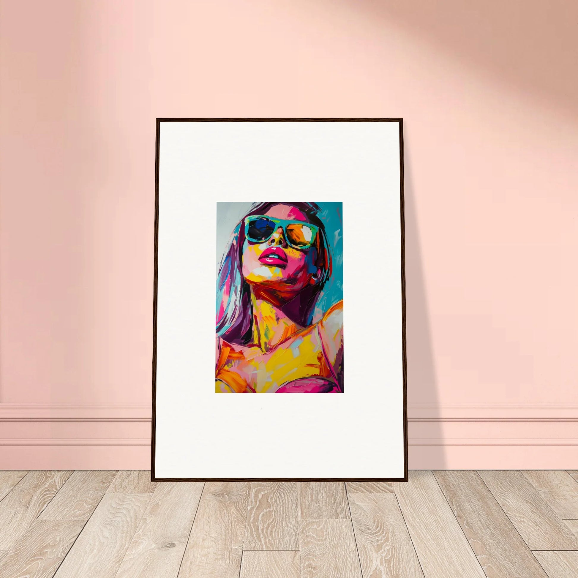 Framed colorful portrait of a person in sunglasses for room decoration, glance whisper canvas print