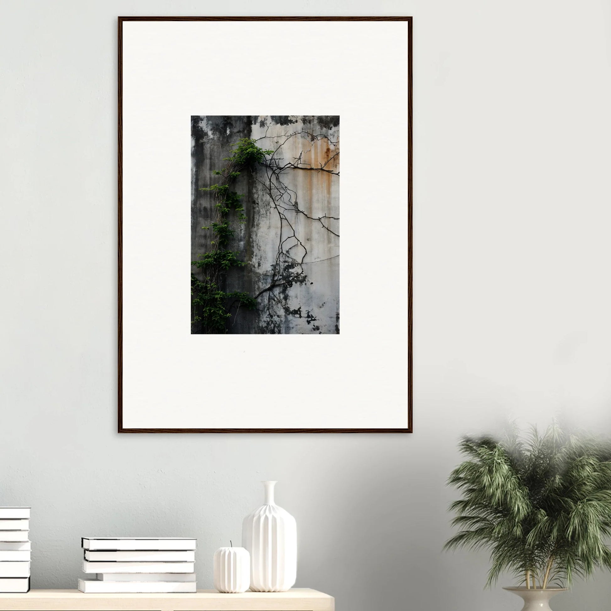 Framed canvas print of a weathered wall with vines for urban tango room decoration