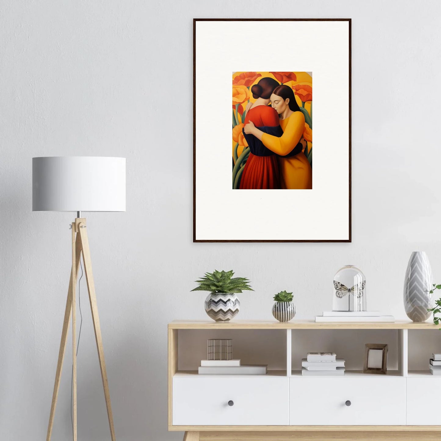 Framed canvas print of two embracing figures in vibrant colors for floral fondness room decoration