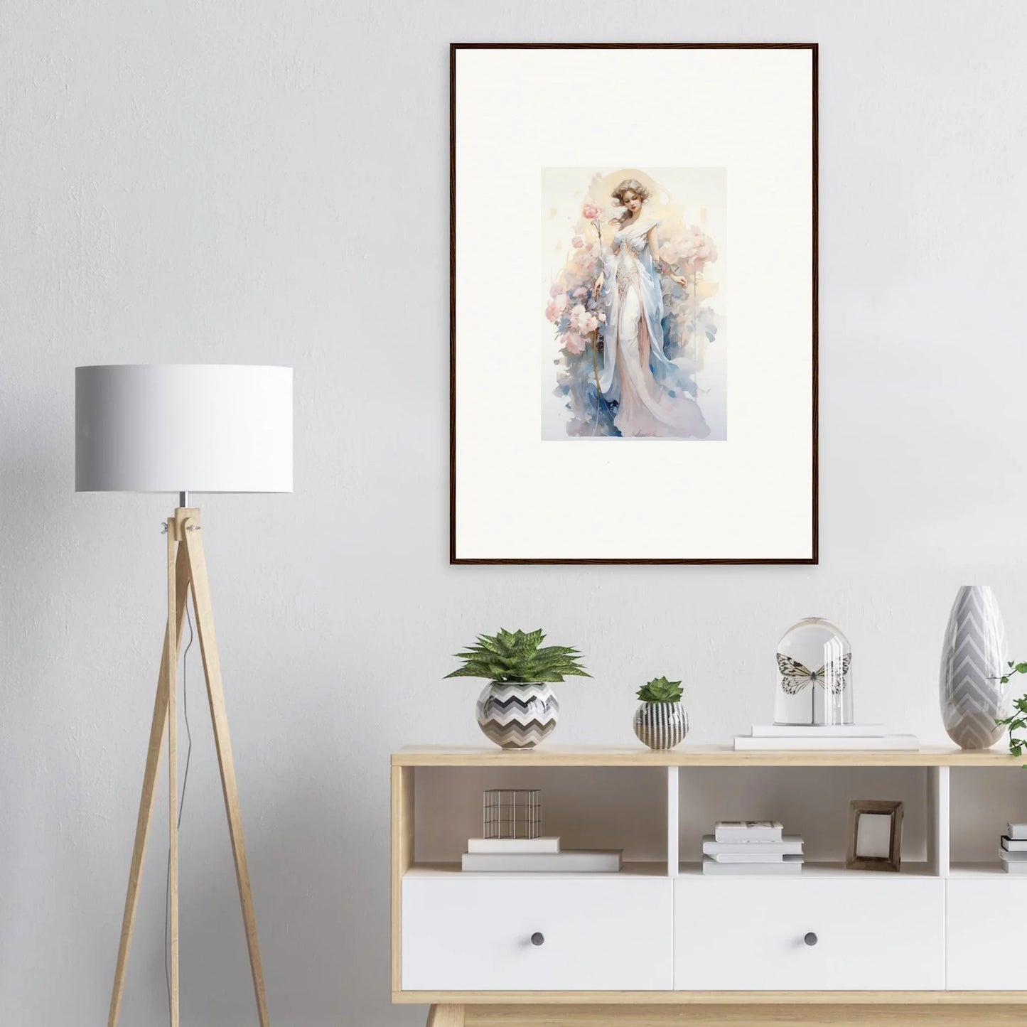 Framed watercolor of a feminine figure in blue, perfect for Blossom Serenade room decoration