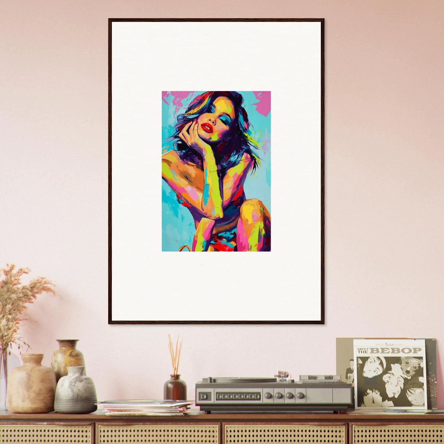 Vibrant pop art portrait of a woman, perfect for room decoration as a canvas print