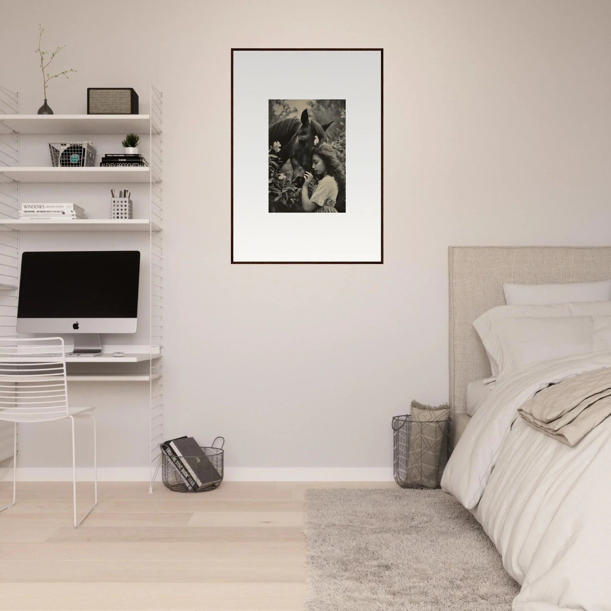 Minimalist bedroom with white walls and Equinox Whispers canvas print on display