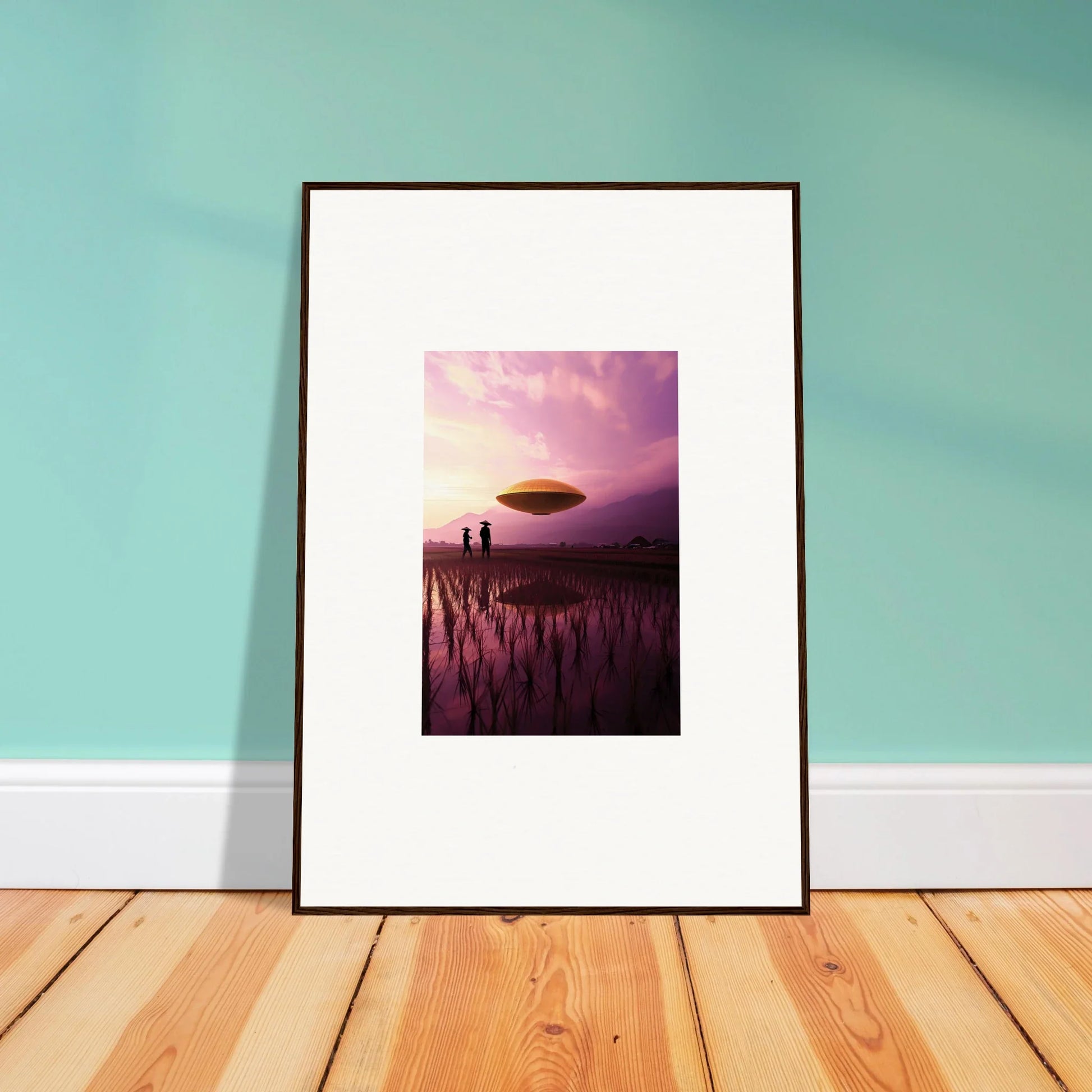 Framed canvas print of violet dreaming with a UFO over a field at sunset