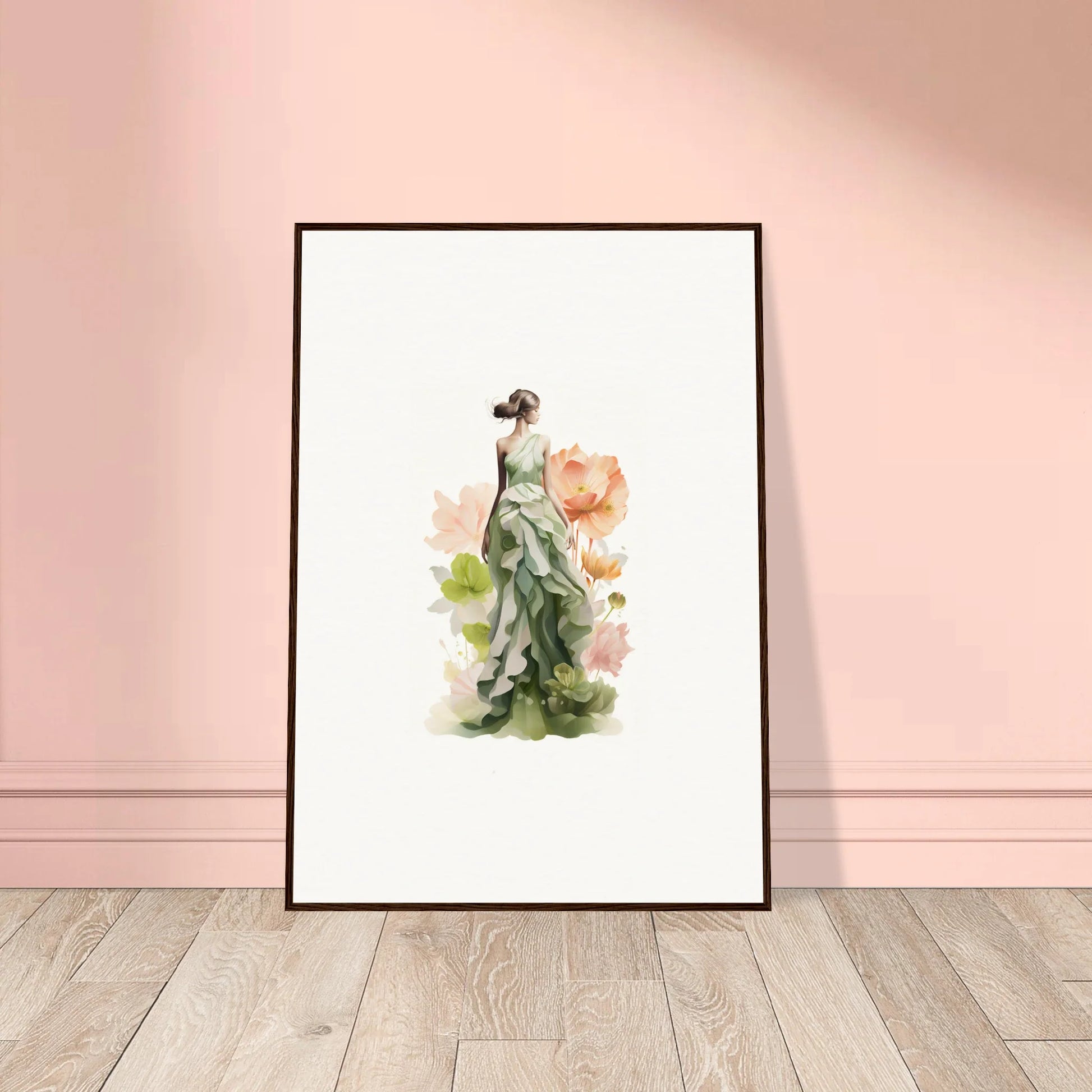 Framed watercolor of a woman in green dress for spring symphony room decoration