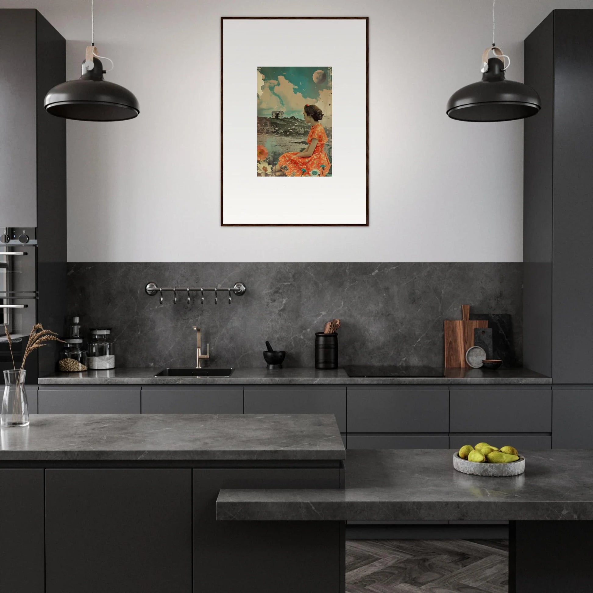 Modern kitchen with dark gray cabinets and Color Reverie canvas print for room decoration