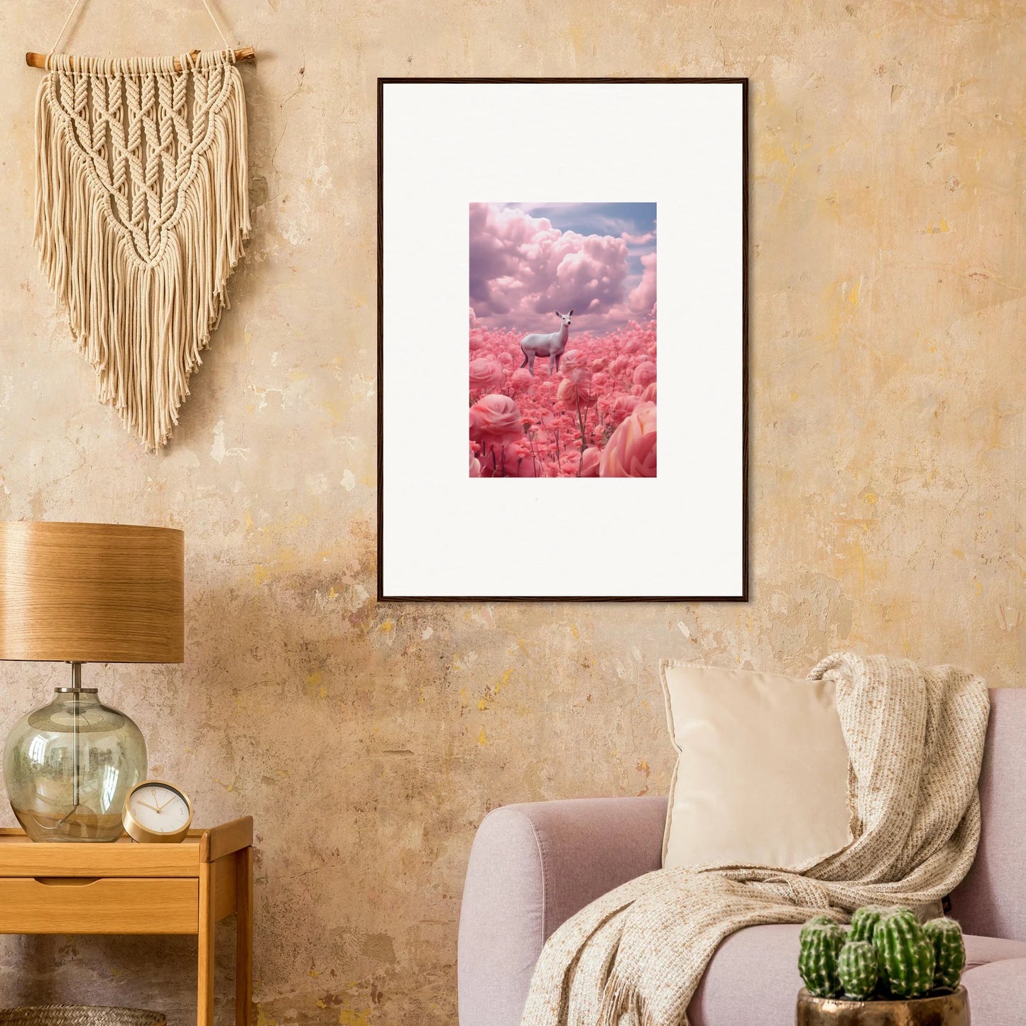 Framed giraffe photo with pink foliage for trendy room decoration and wall art