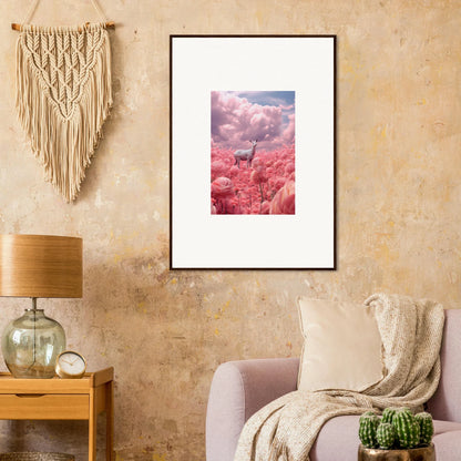 Framed giraffe photo with pink foliage for trendy room decoration and wall art