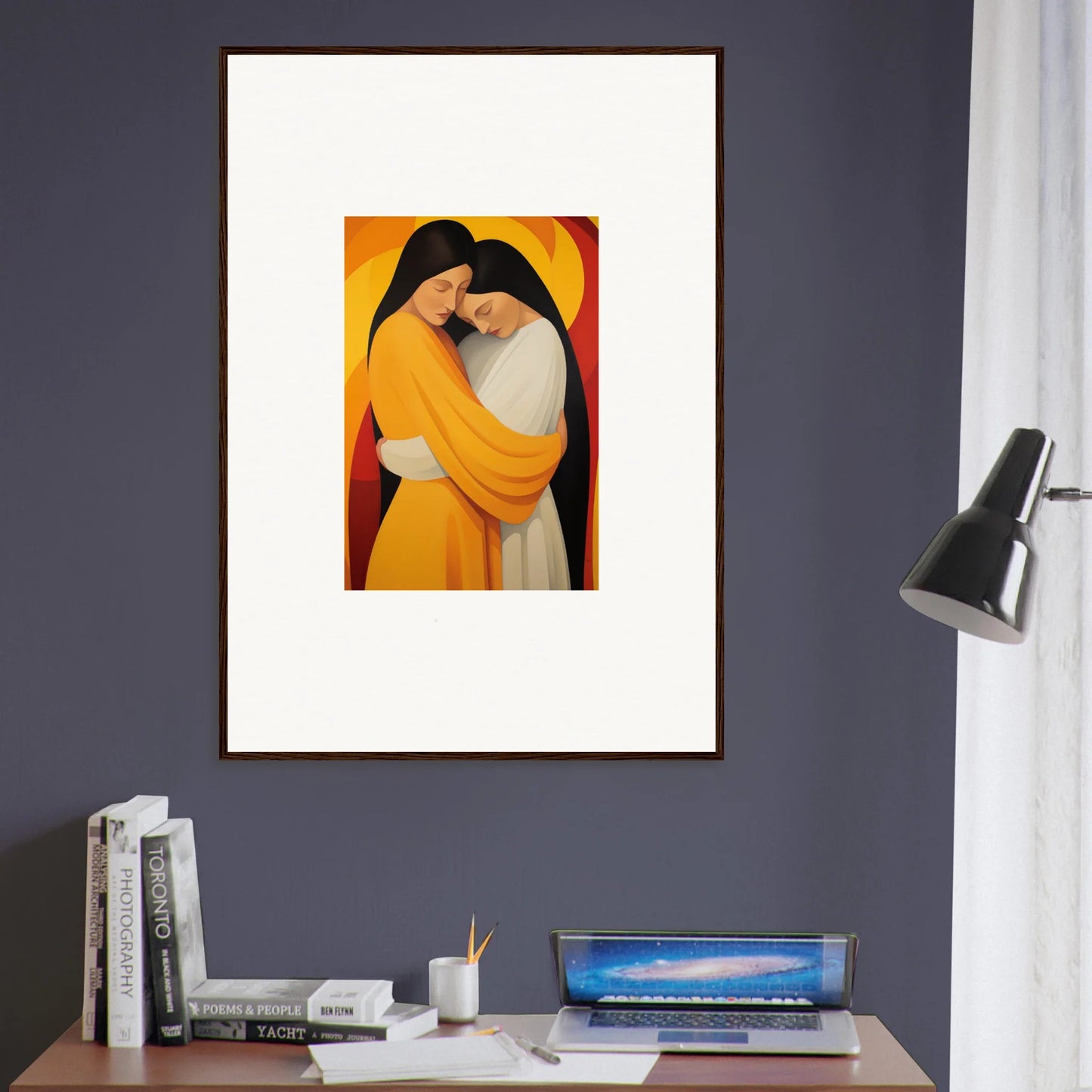 Framed Sun Nyah canvas print of two embracing figures in warm yellow tones for room decoration