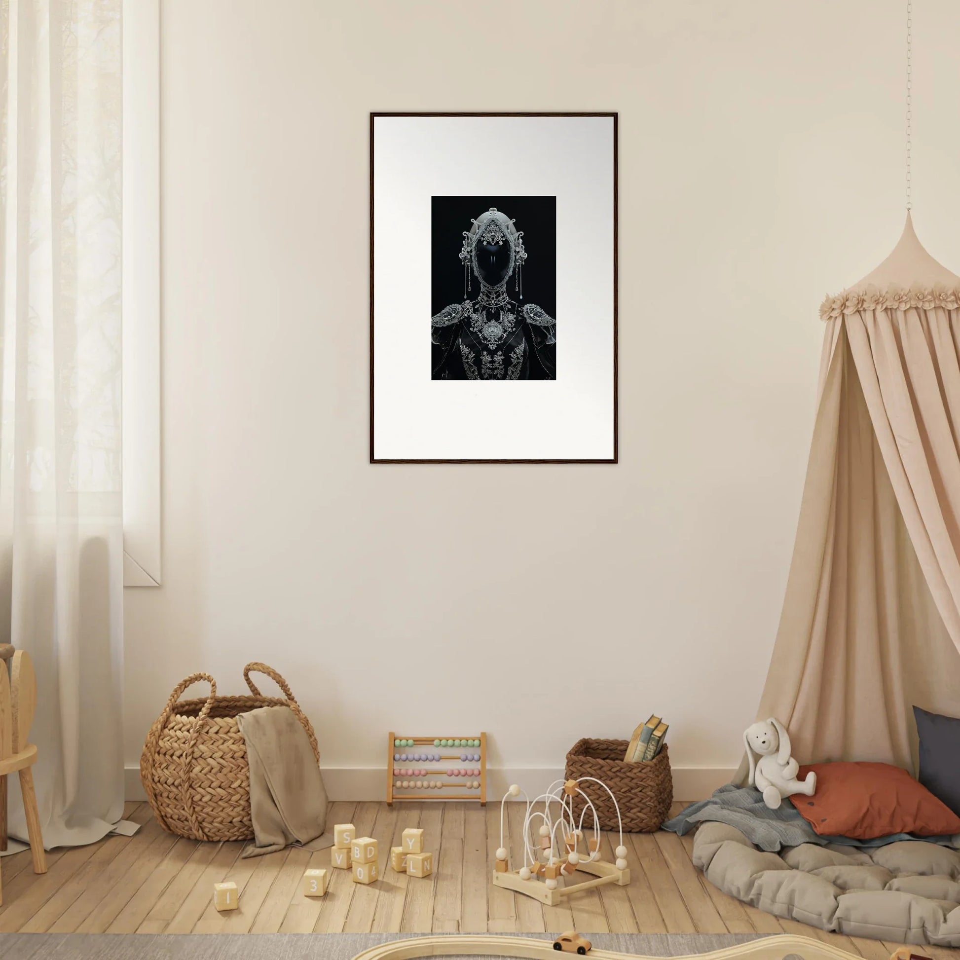 Framed black and white canvas print of an alien-like figure for your Nebulae Princess room decoration