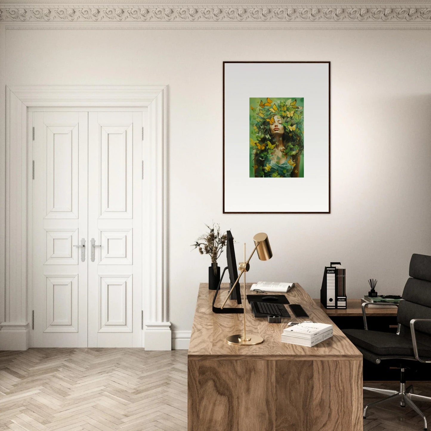 Elegant home office with wooden desk and Chrysalis Ecstasy canvas print for room decoration