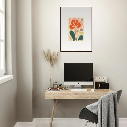 Minimalist workspace with wooden desk, computer, and Echoes Whimsy canvas print