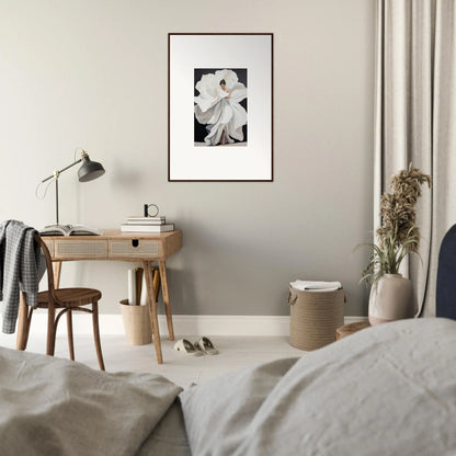 Framed black and white lily canvas print for serene room decoration with petal whispers