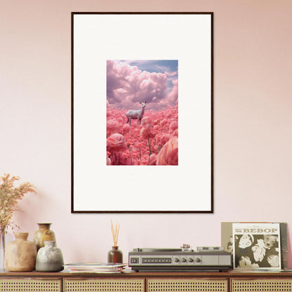 Framed Petaled Phantasm wall art of a giraffe in pink clouds for dreamy room decoration