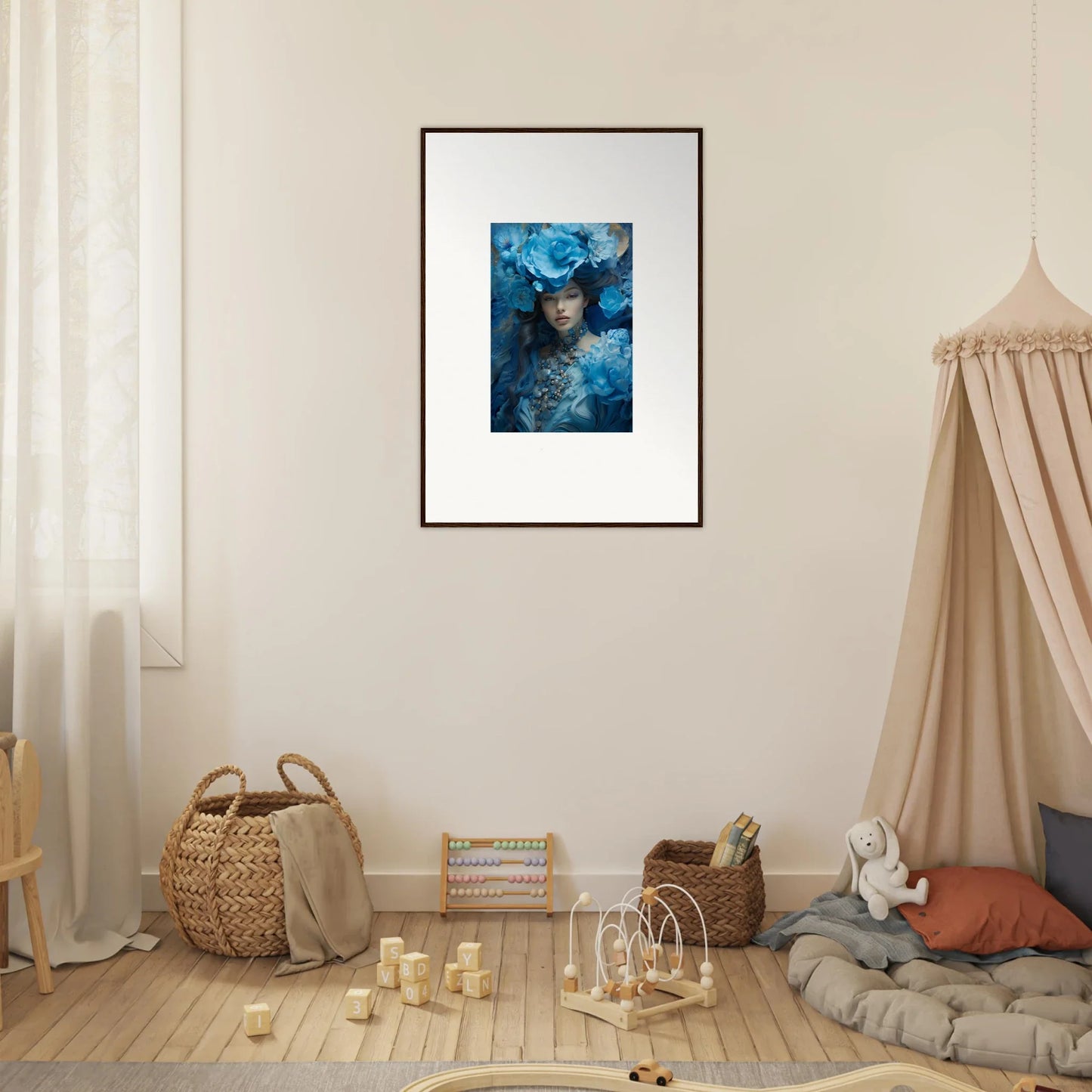 Framed canvas print of Dreaming Blue Symphony, a stunning blue symphony portrait