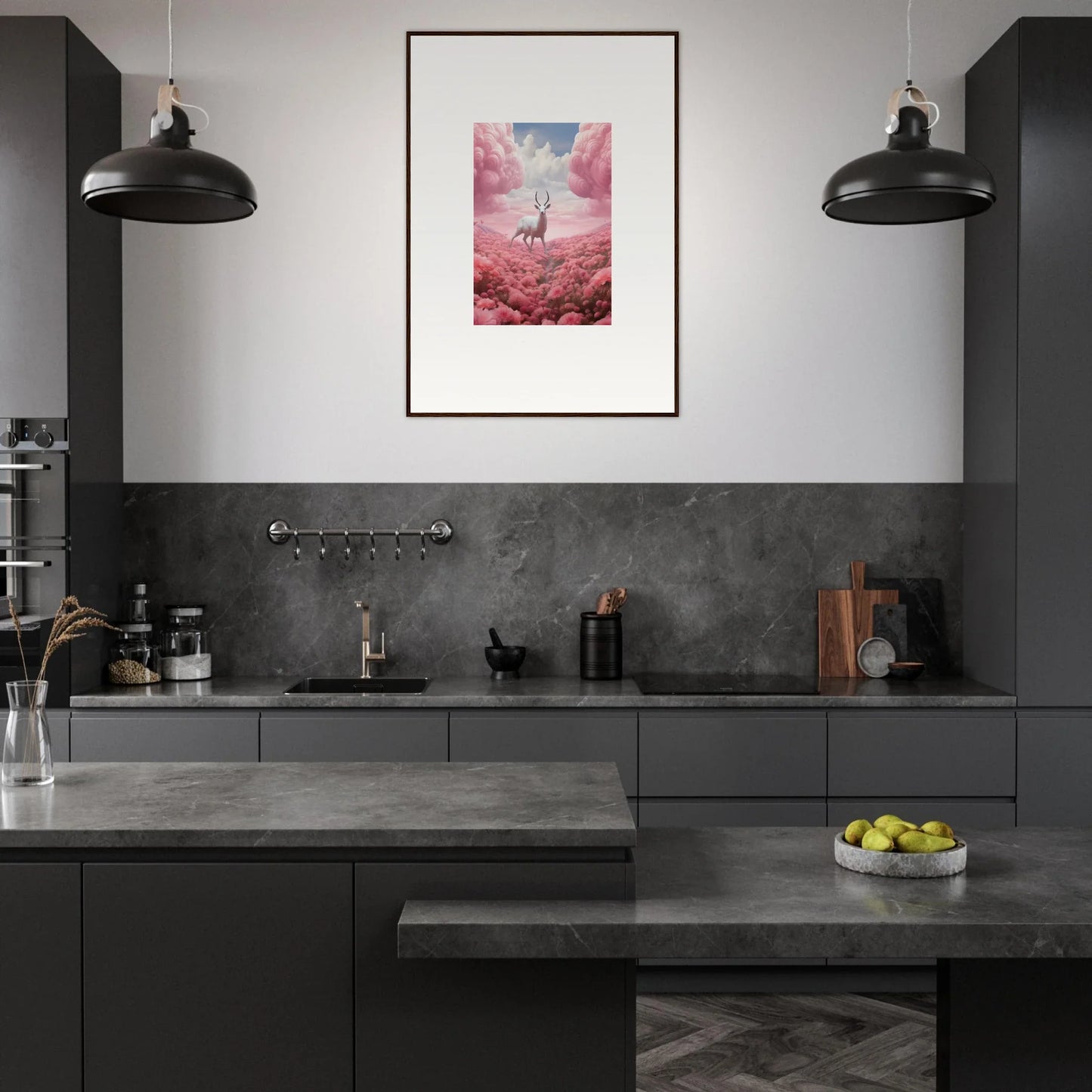 Modern dark kitchen featuring vibrant Berry Collision canvas print for stylish room decoration