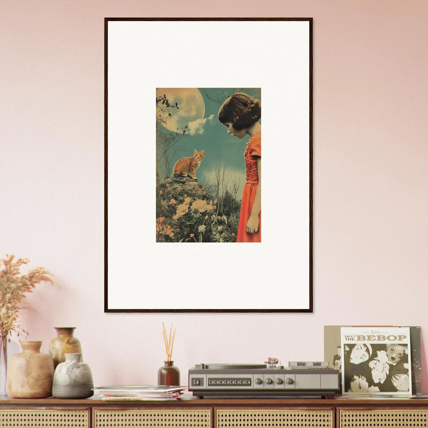 Framed surrealist canvas print of a cat and birds in Moonlit Flora Reverie art