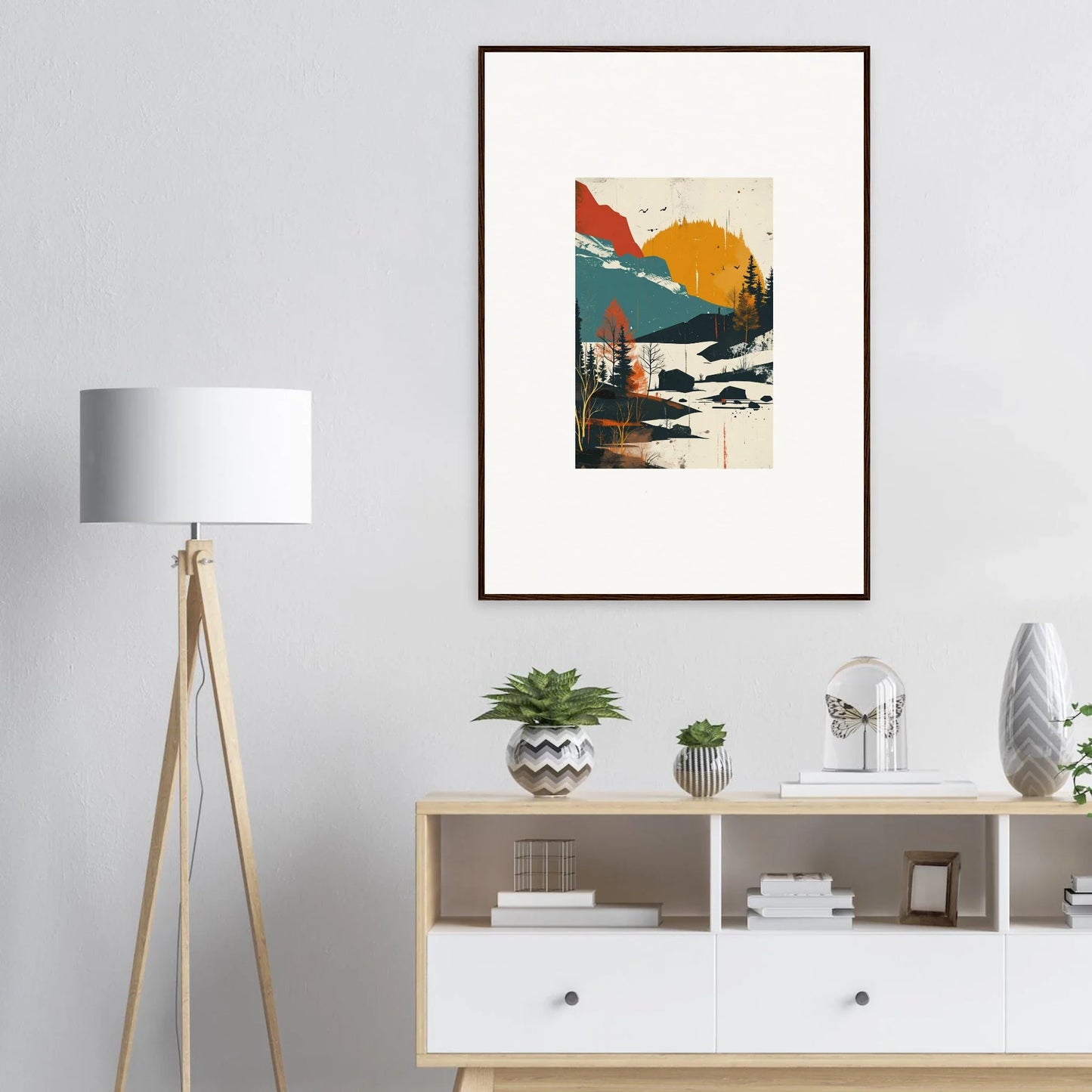 Framed abstract landscape canvas print of Trembling Skylines with colorful mountains and river