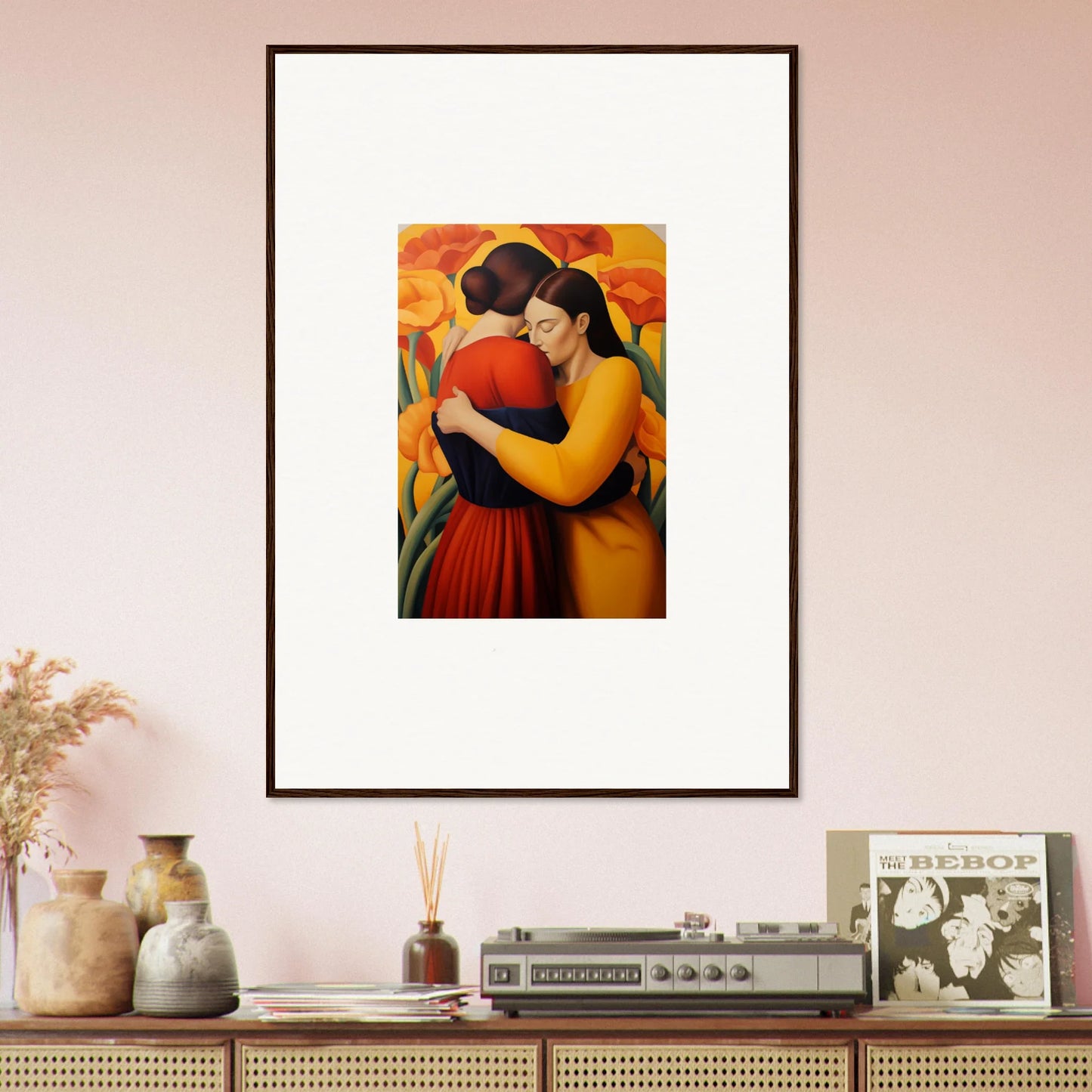 Framed canvas print of two women embracing in vibrant floral fondness for room decoration