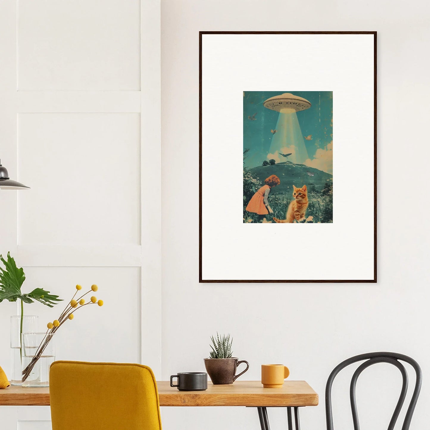 Framed canvas print of UFO abducting cats in Thought Meadows for fun room decoration