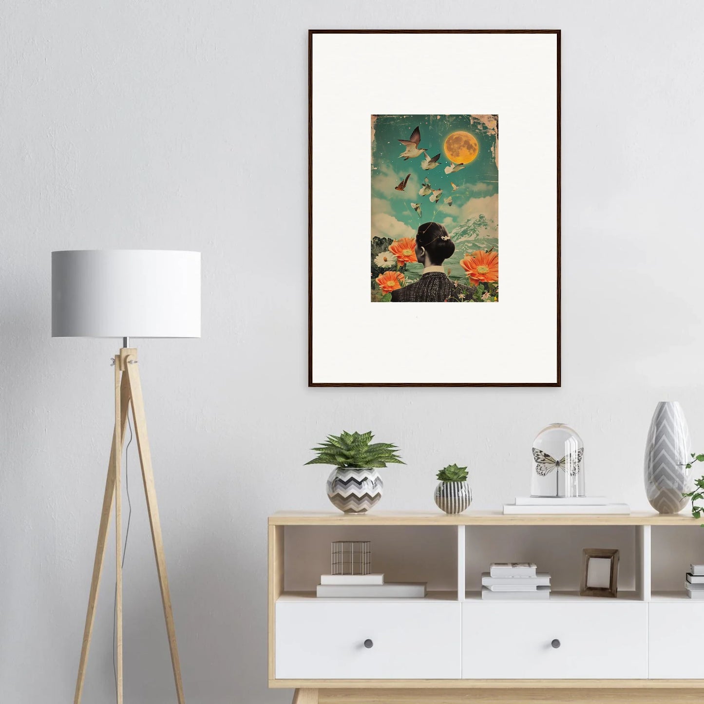 Framed canvas print of Lunar Bloom Reverie with butterflies in vibrant colors for room decoration