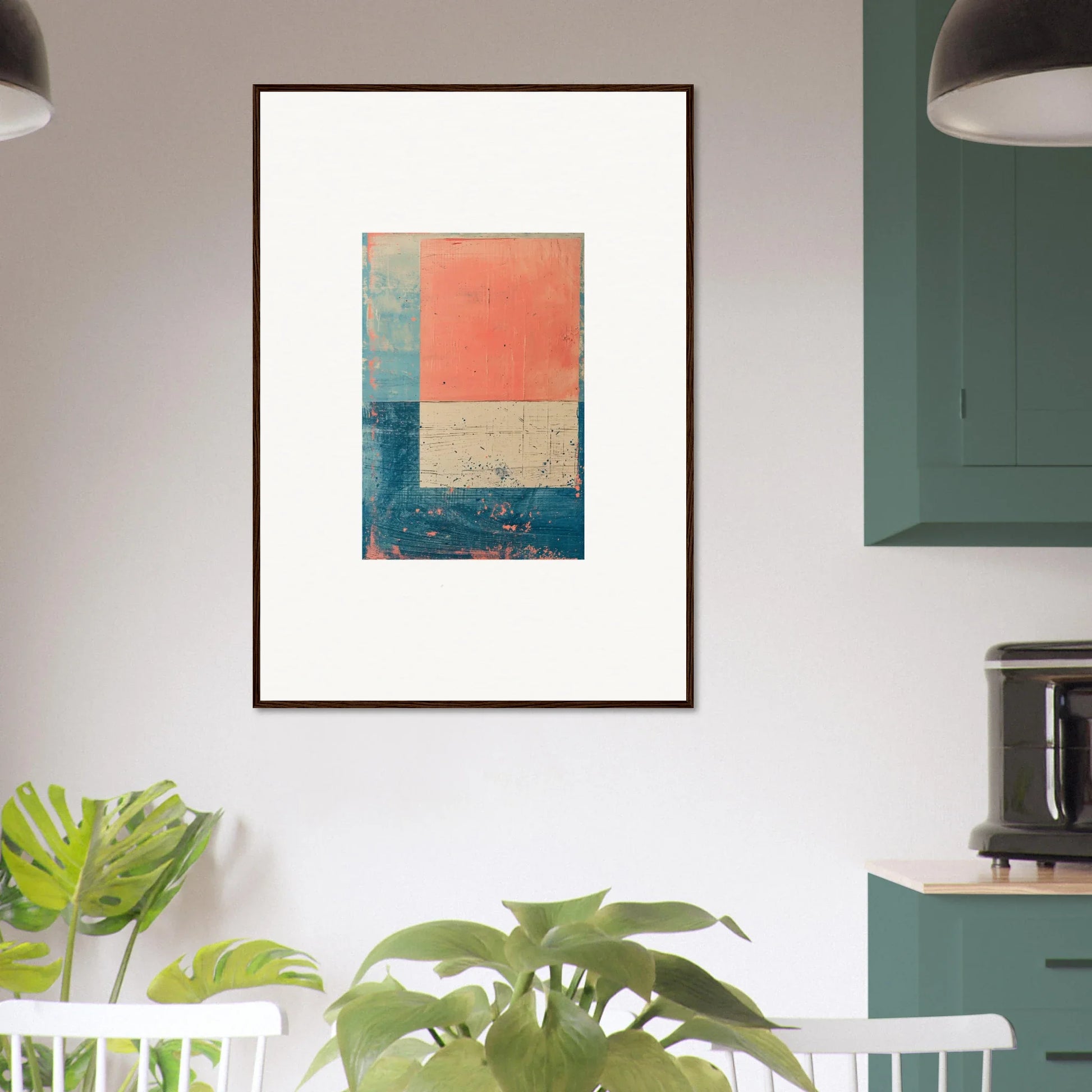 Abstract canvas print with coral, teal, and beige blocks perfect for room decoration