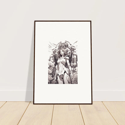 Framed black and white canvas print of a flowing-haired female figure for dream machine decor