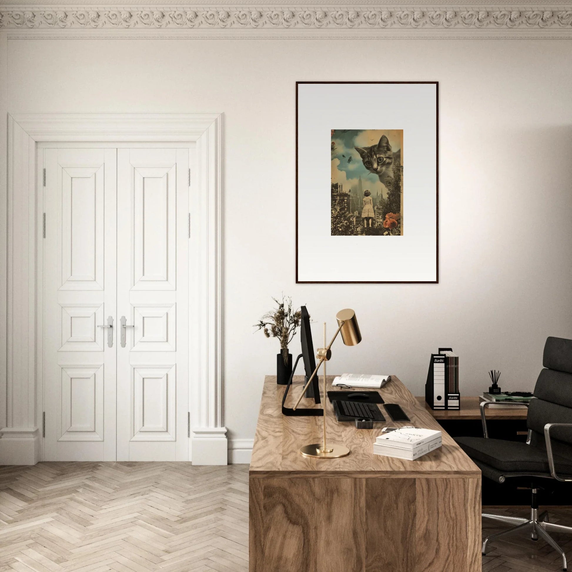 Wooden desk with typewriter and books in a minimalist workspace for Room Decoration