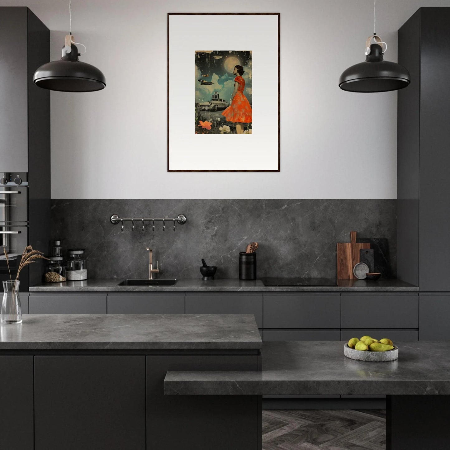 Modern kitchen with dark gray cabinets and a colorful canvas print for room decoration