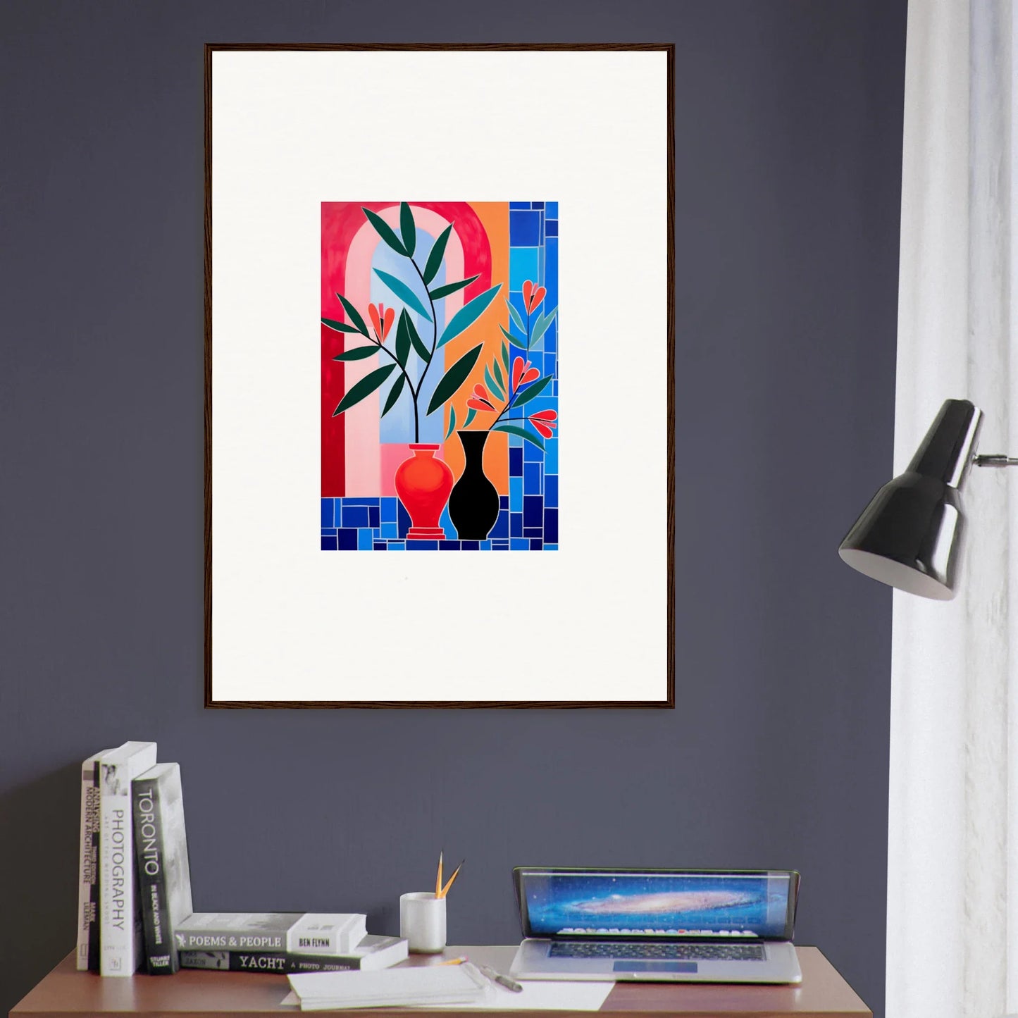 Colorful abstract artwork of plants and vases for ceramic blooms room decor