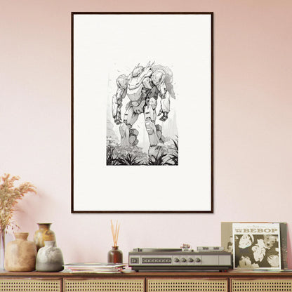 Framed black and white mech sketch for unique Sky Alchemy room decoration canvas print