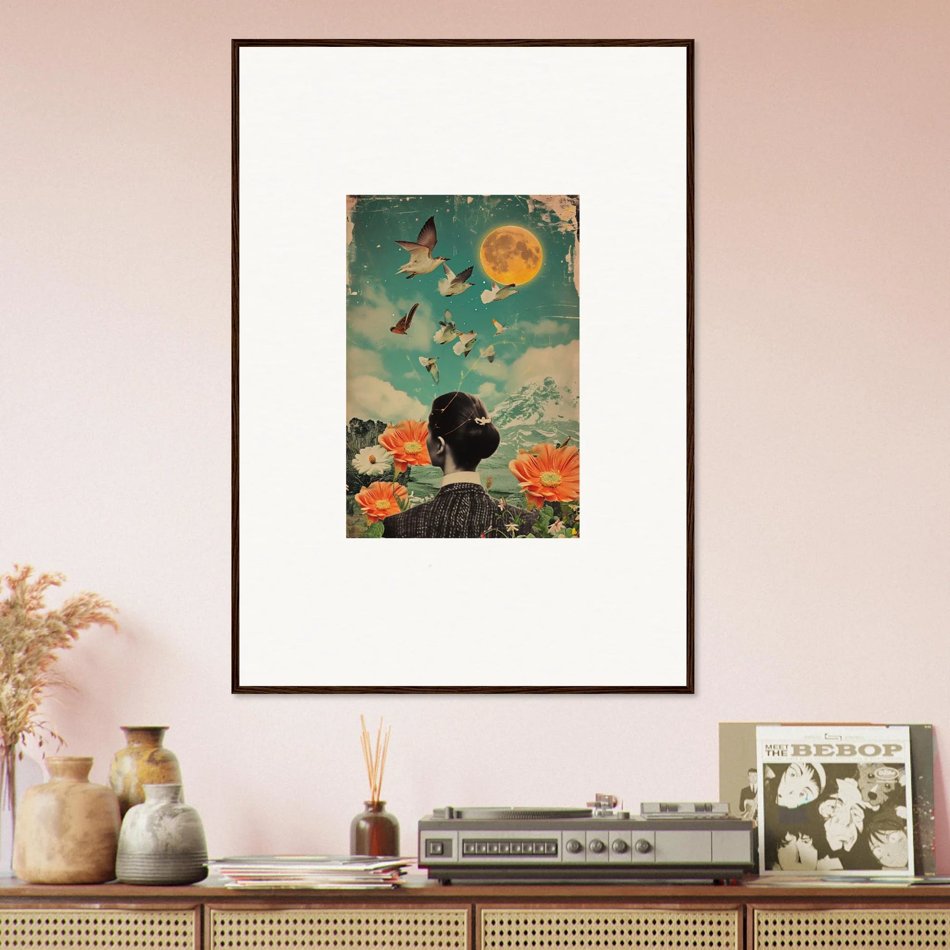 Framed canvas print of Lunar Bloom Reverie with a silhouette, moon, and butterflies