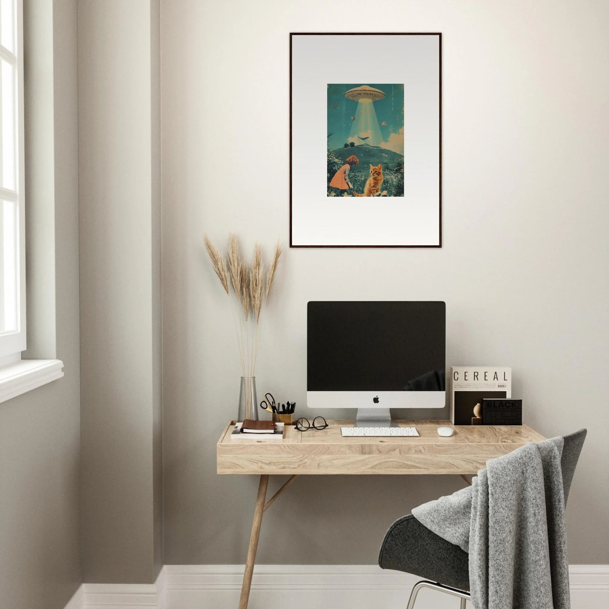 Minimalist home office with wooden desk, computer, and Canvas Print for Voyager Moonflex