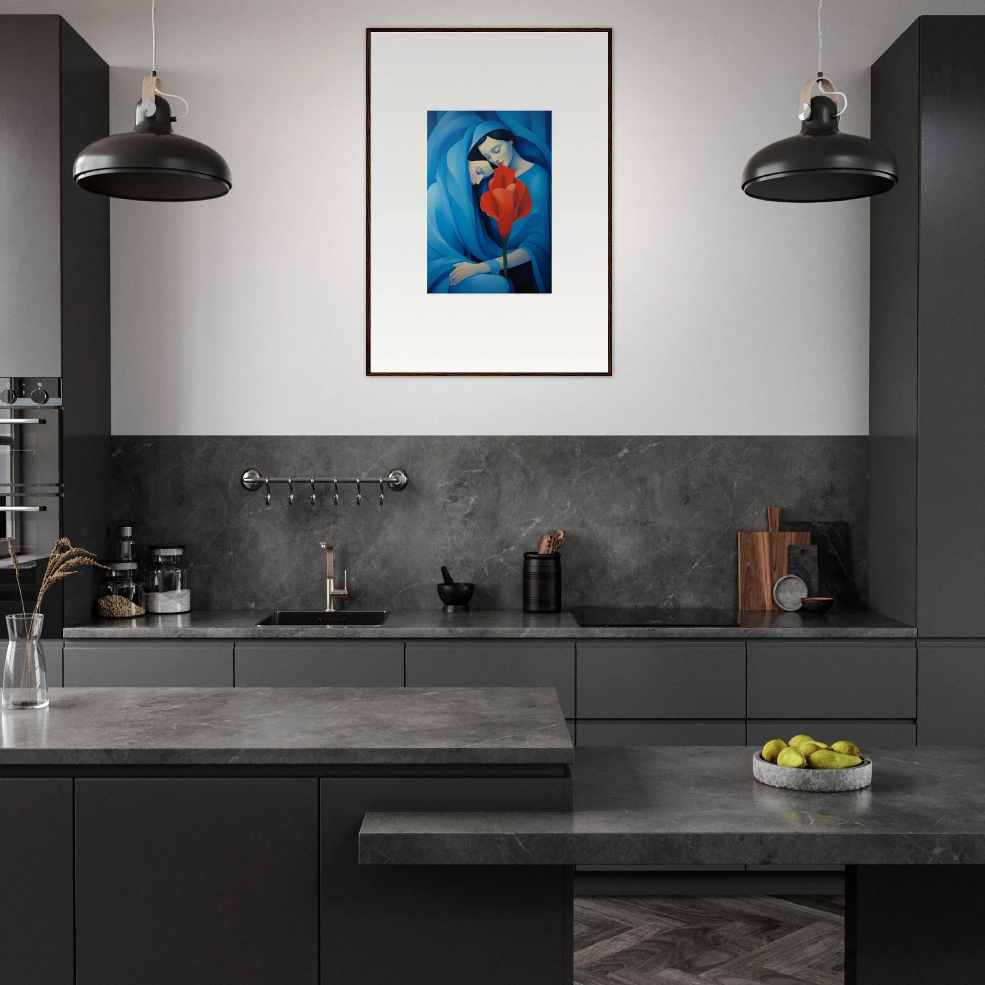 Modern kitchen with dark cabinetry and vibrant blue canvas print Hues Fuse Twilight