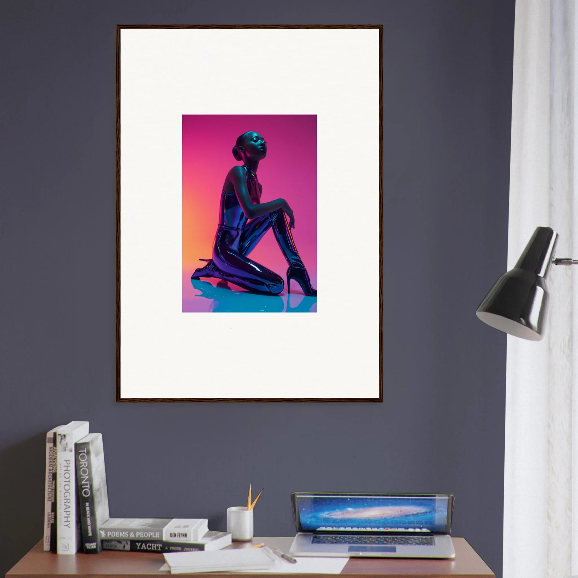 Framed Neon Vortex Wonder canvas print of a blue figure on a pink background