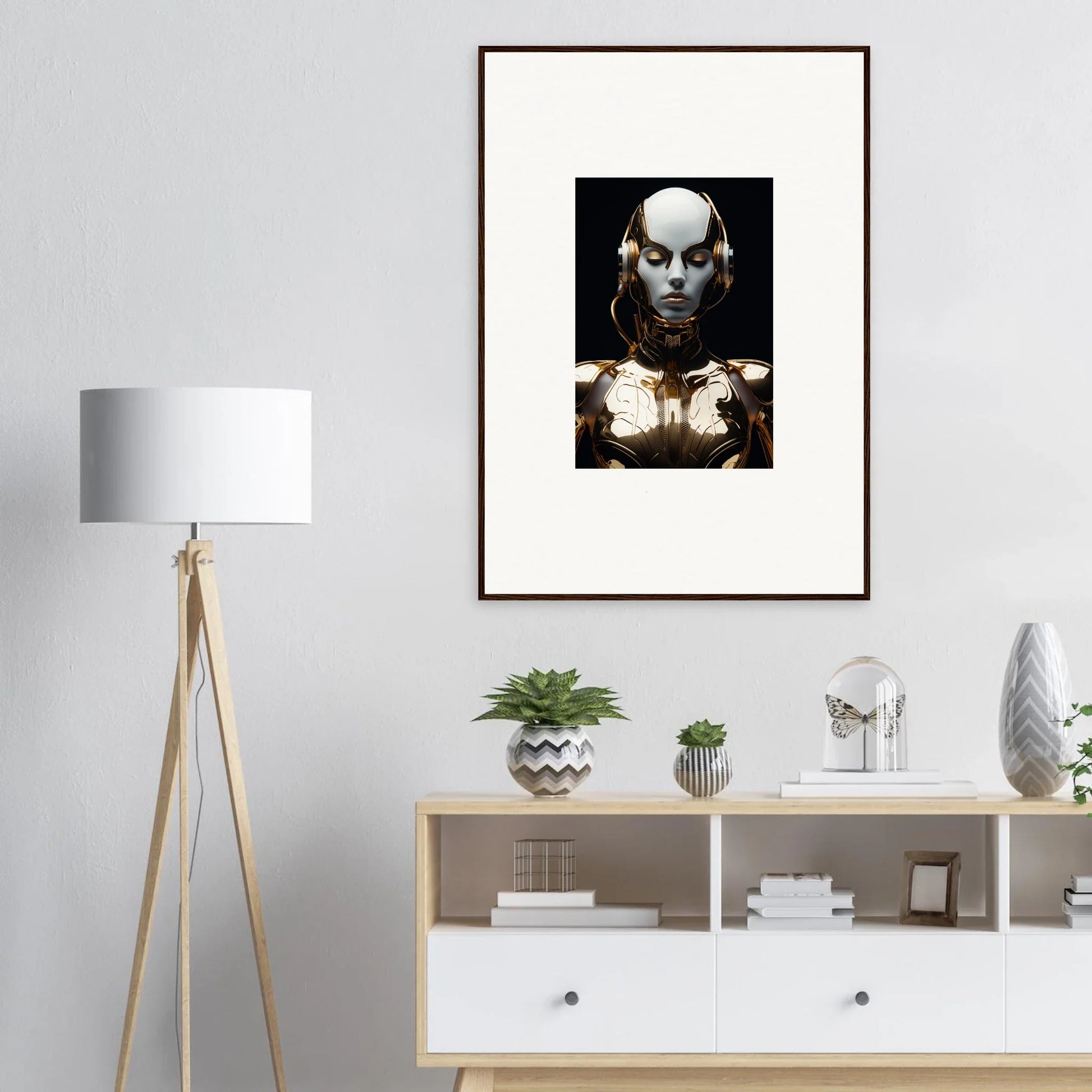 Framed portrait of a bald figure with metallic touches, perfect for electrical elegance decor