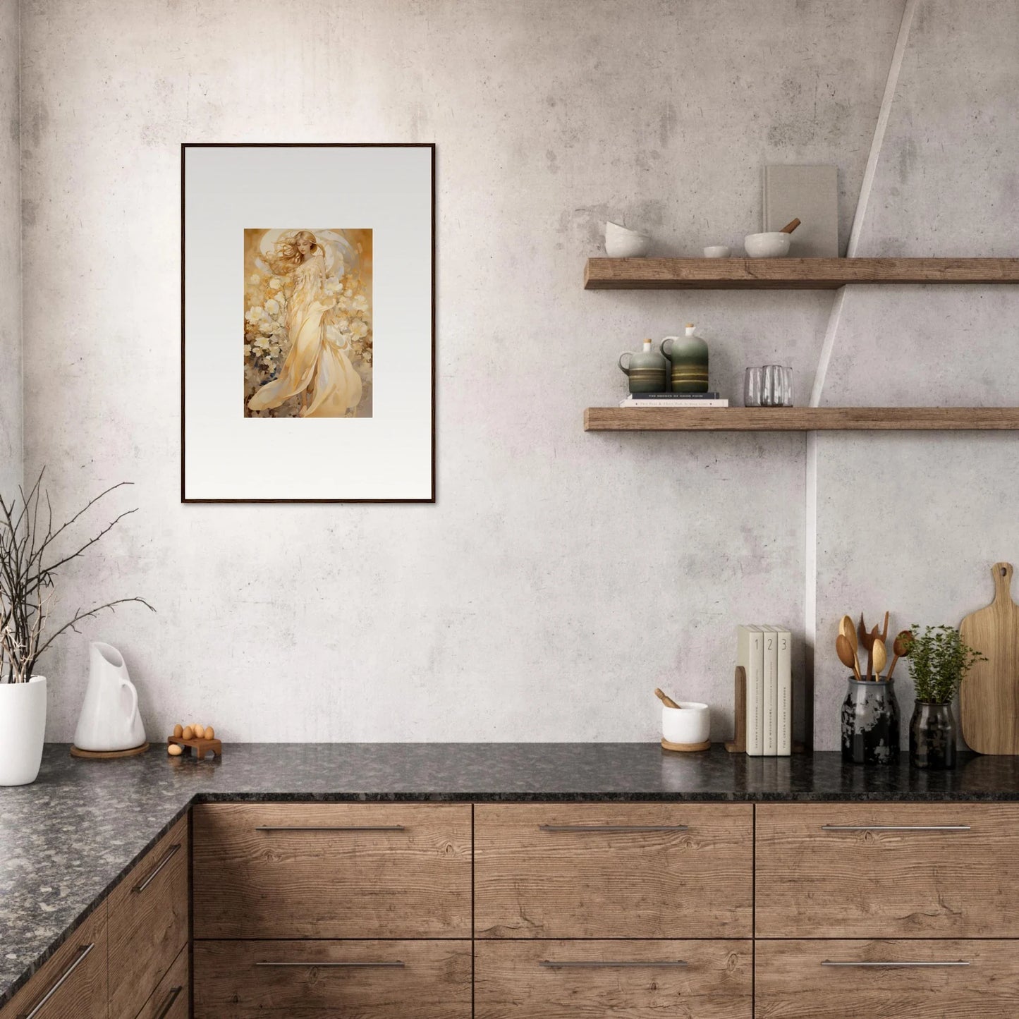 Modern kitchen with wooden cabinets and canvas print for floral harmony room decoration