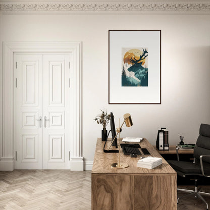 Wooden desk with typewriter and books for a minimalist room decoration vibe