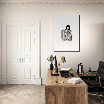 Minimalist home office with wooden desk and Striped Whispers Formals canvas print