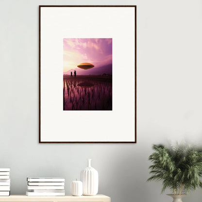 Framed canvas print of violet dreaming with a UFO over a sunset field for room decoration