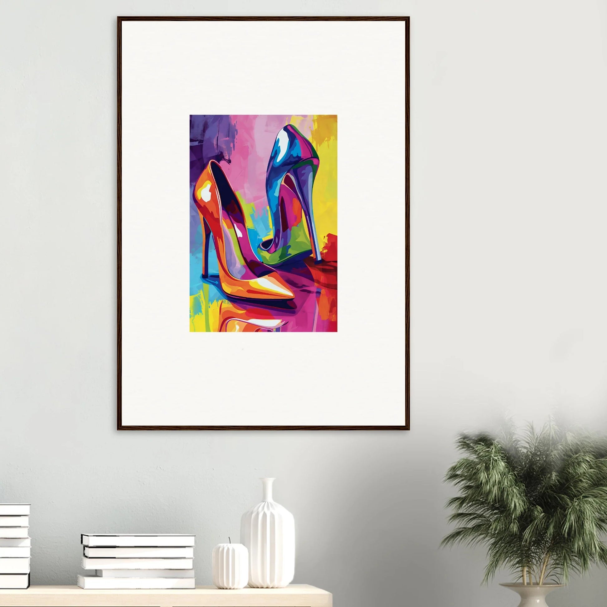 Colorful abstract canvas print of high-heeled shoes for vibrant room decoration wall art