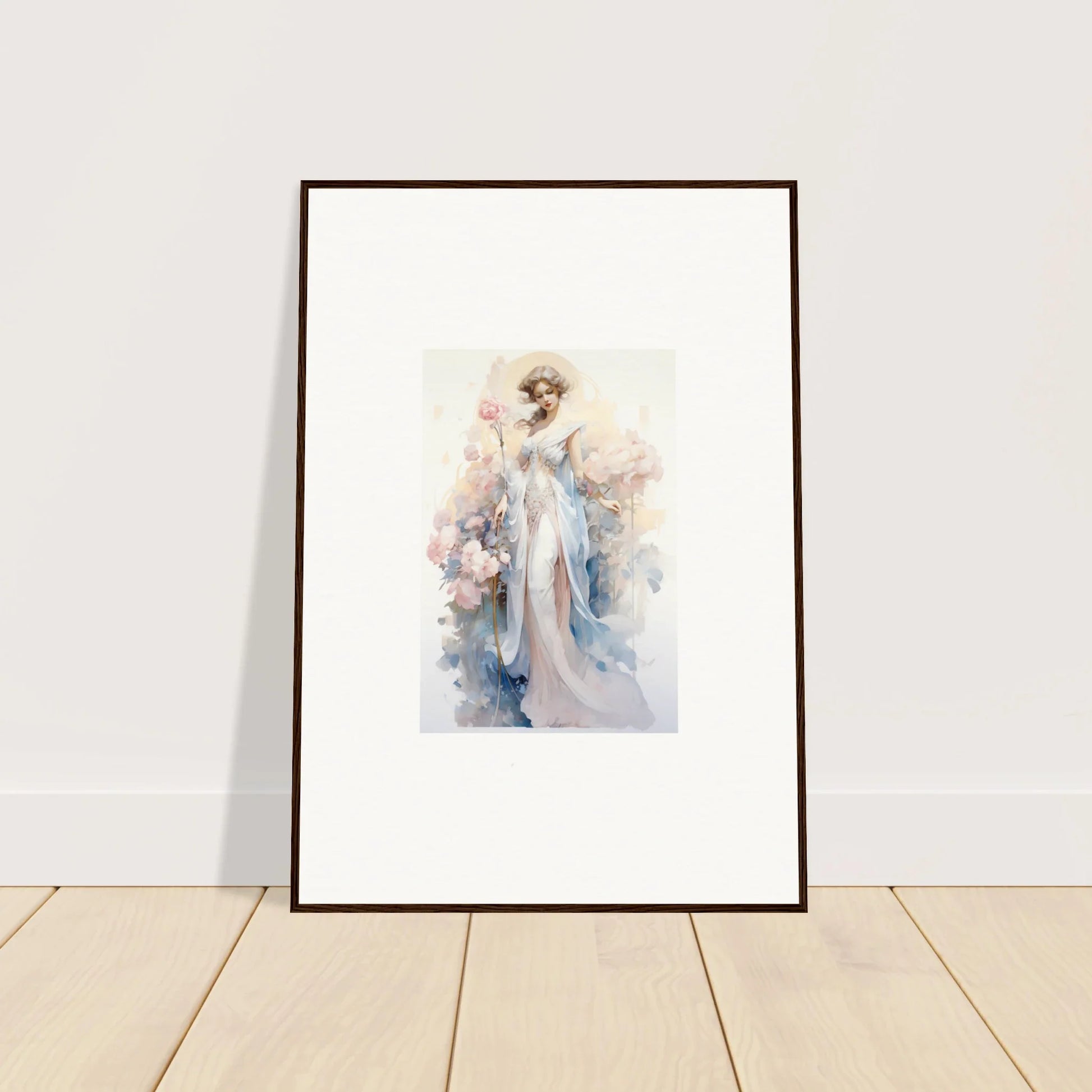 Framed watercolor of an ethereal female figure, perfect for Blossom Serenade room decoration