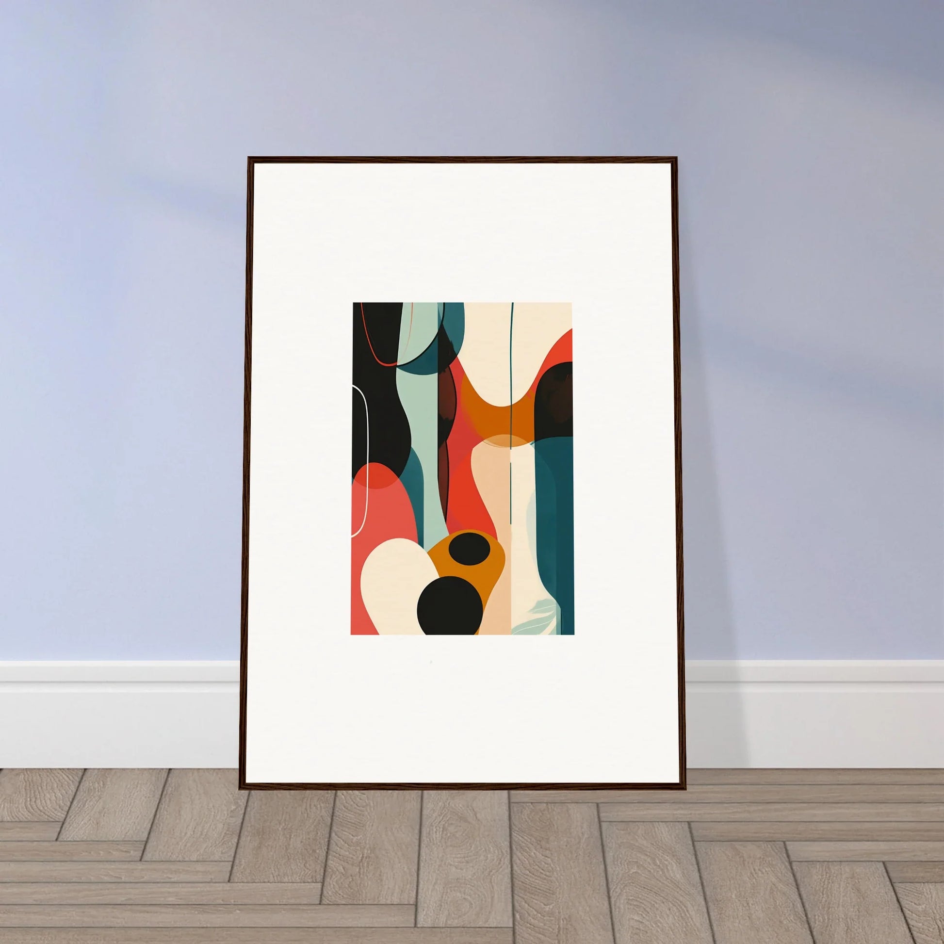 Colorful curved shapes in a framed abstract canvas print, perfect for room decoration